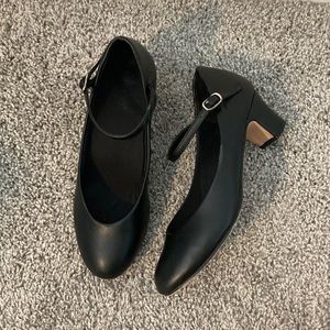 All Black Character Shoes with Short Block Heel and Ankle Strap